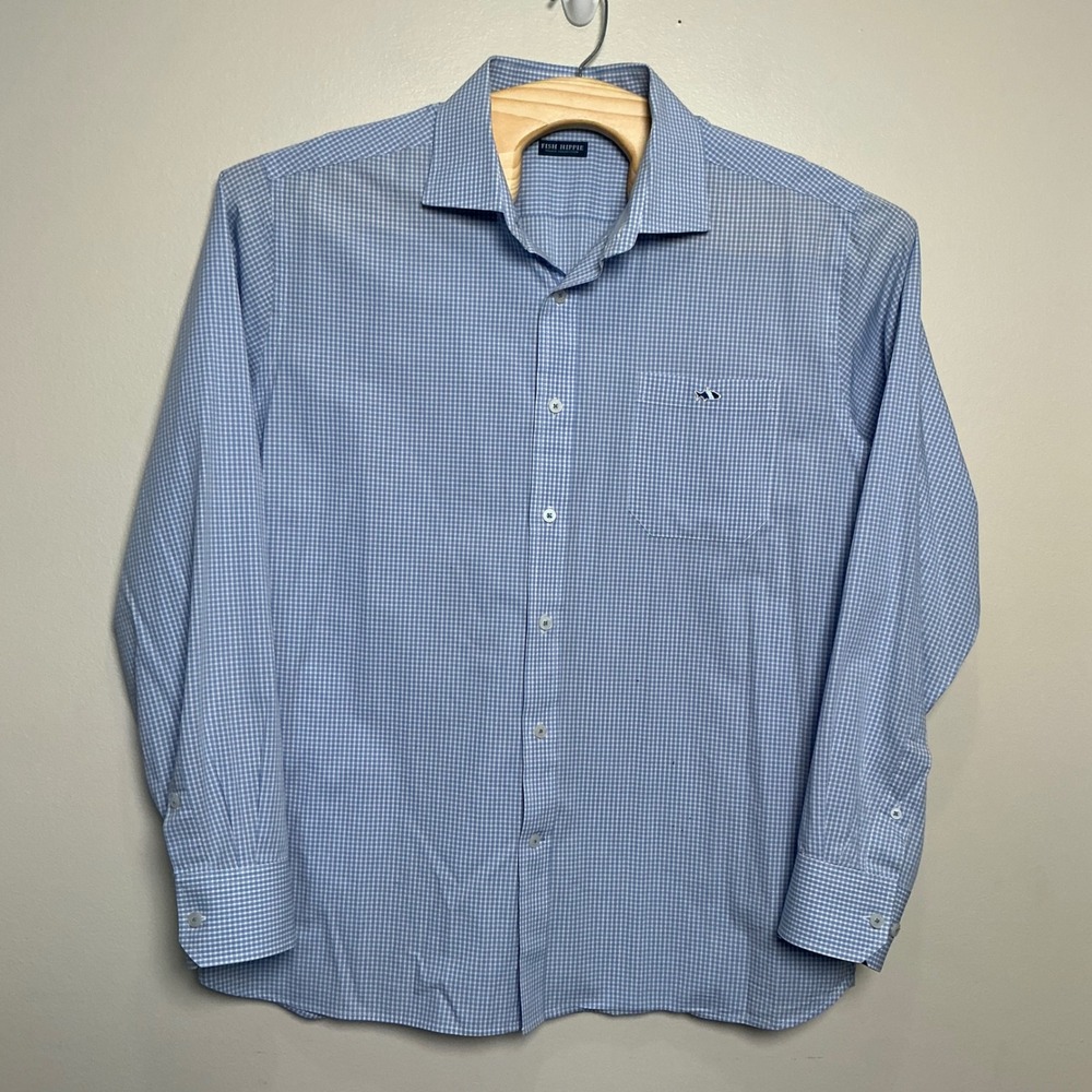 Fish Hippie Button Down Mens Large Blue Gingham Solace Collection EUC